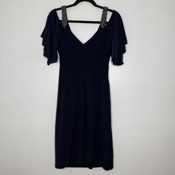 Ralph Lauren Dress Womens 12 Navy Blue Beaded Straps Flutter Sleeve Midi Gown - Picture 7 of 9